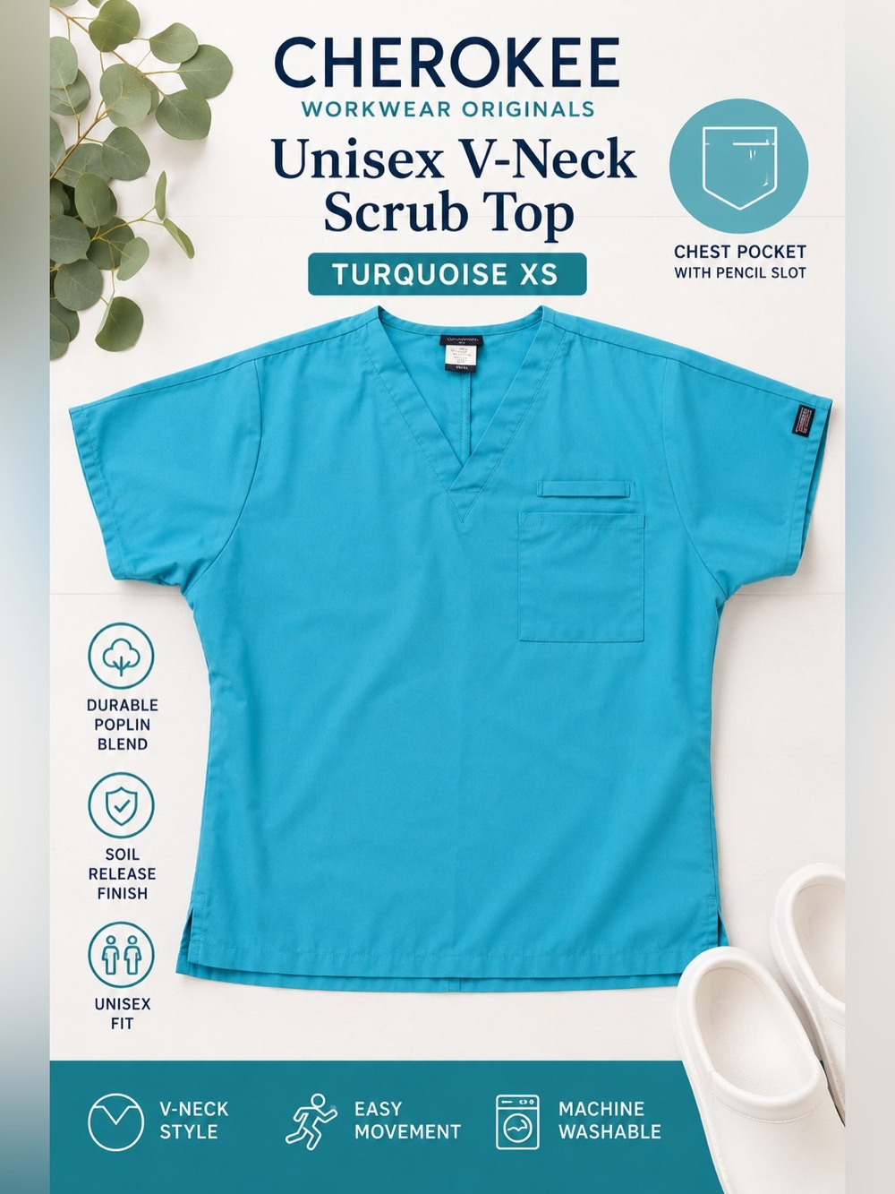 Cherokee Workwear Originals Unisex V-Neck Scrub Top – Turquoise XS